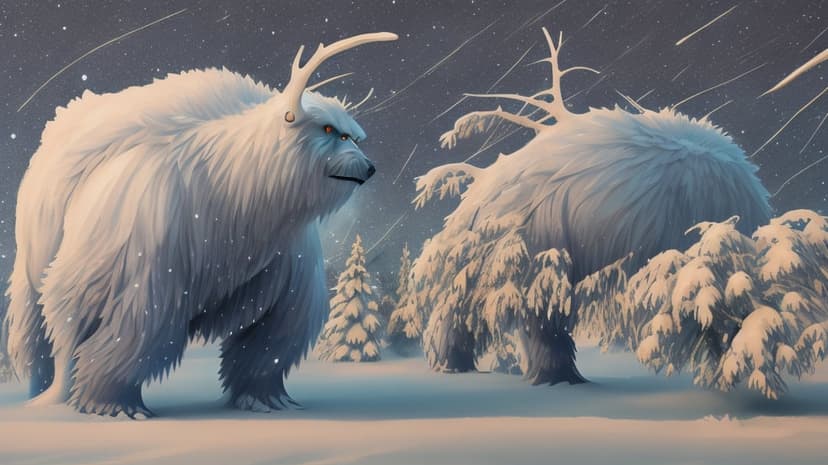 Two towering white yeti creatures with antlers stand among snow-covered trees during a heavy winter blizzard.