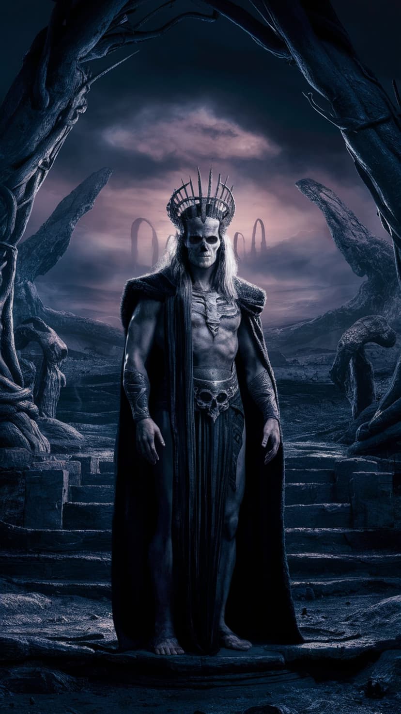 Skeleton king wearing a gold crown and tattered robes stands under a rock archway against a purple twilight sky.