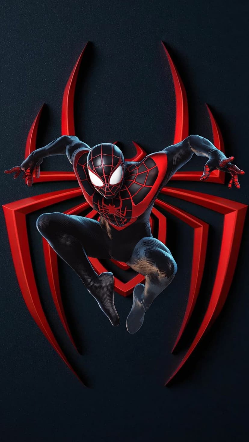 Miles Morales in a black spider-suit crouches mid-air against a dark background with a red spider logo.