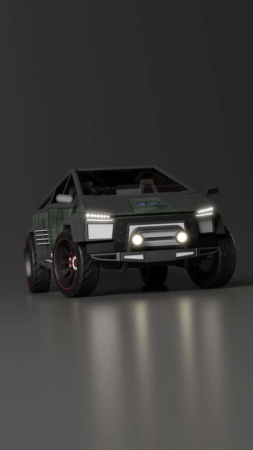 Armored off-road vehicle with dark camouflage plating, red-accented wheels, and aggressive tires in a studio.