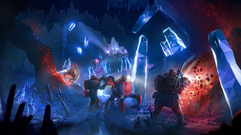 Miners using pickaxes on glowing red ore inside a dark cave filled with giant blue crystals and machinery.