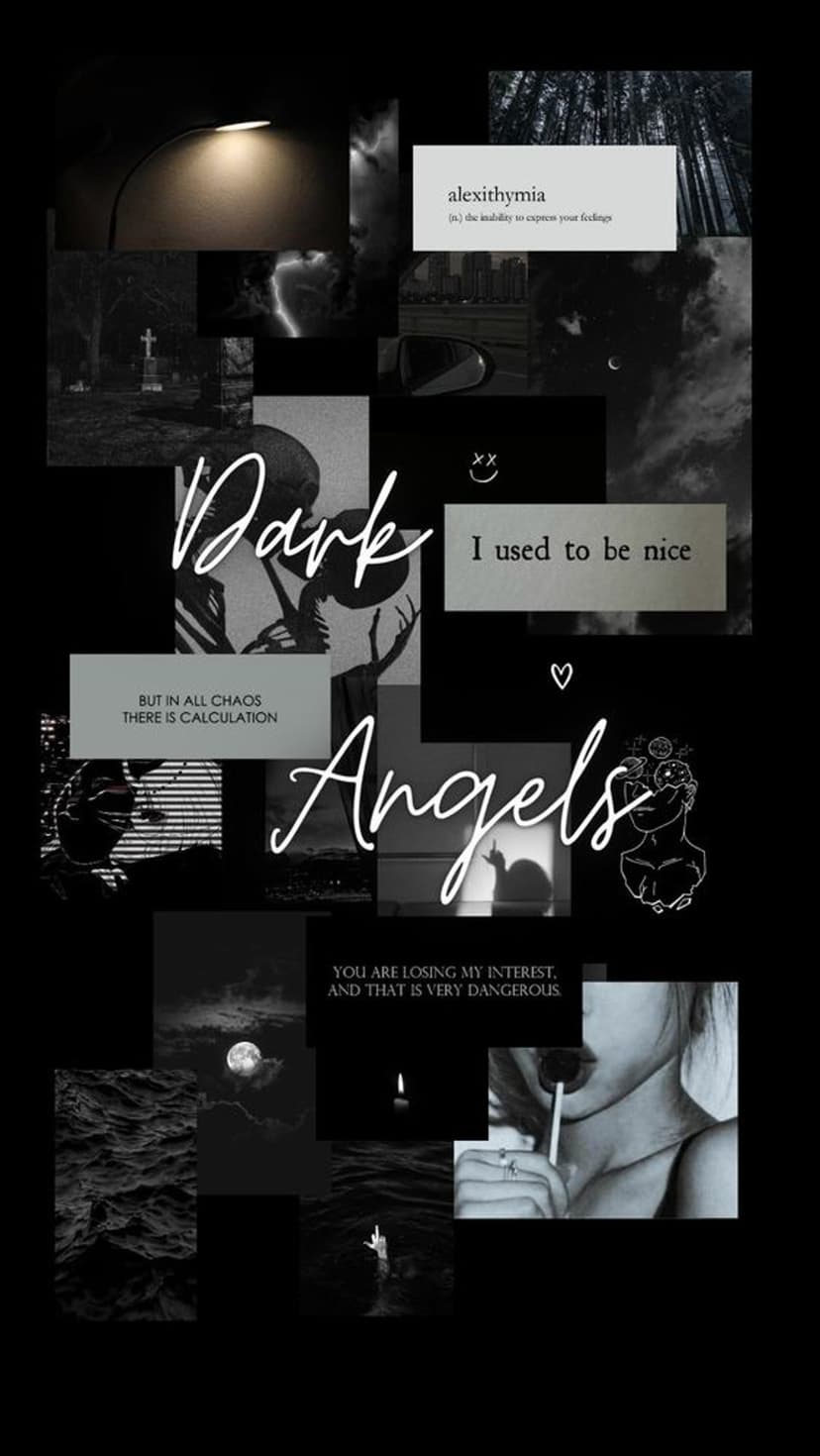 Dark Angels text overlays a gothic collage of a graveyard, crescent moon, and streetlamp under storm clouds.
