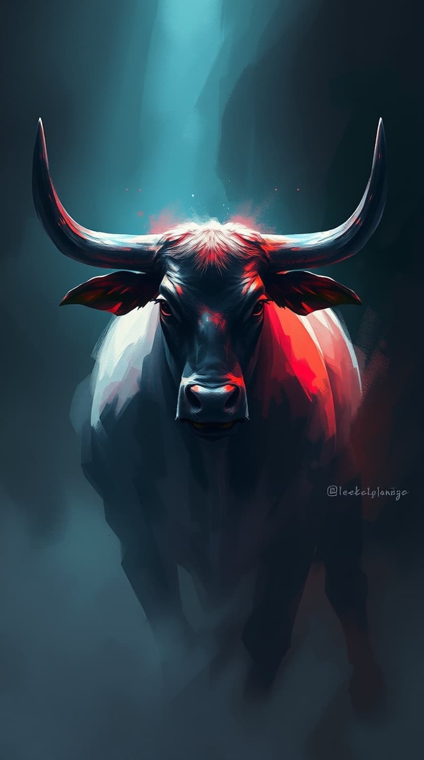 Bull head with sharp horns illuminated by glowing red and blue light against a pitch-black background.