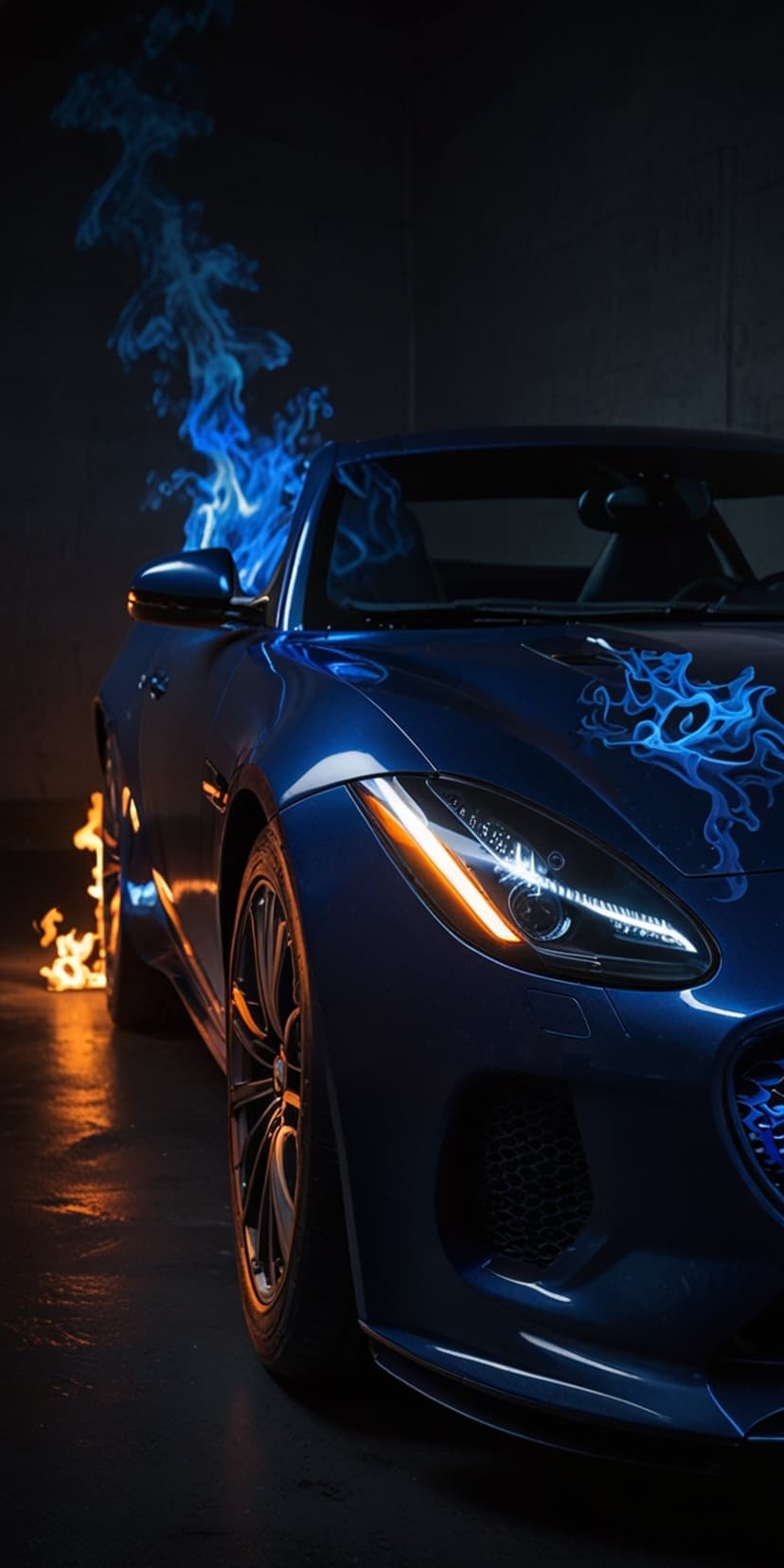 Dark blue Jaguar sports car with orange flames on the side and blue fire on the hood against a black background.