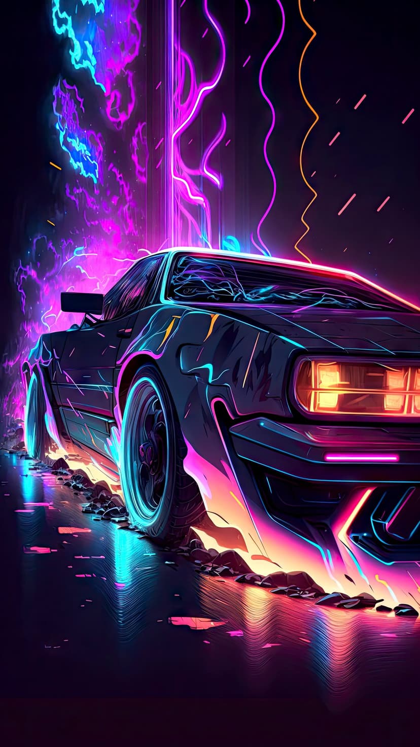Futuristic car with glowing outlines driving beneath a dark sky illuminated by pink and blue lightning strikes.