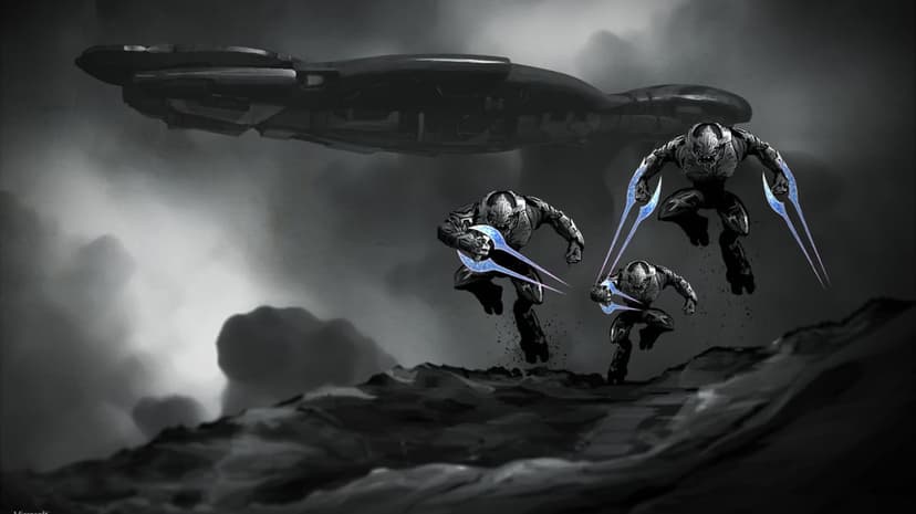 Three Sangheili Elites charge with glowing blue energy swords under a massive Covenant starship in a dark sky.