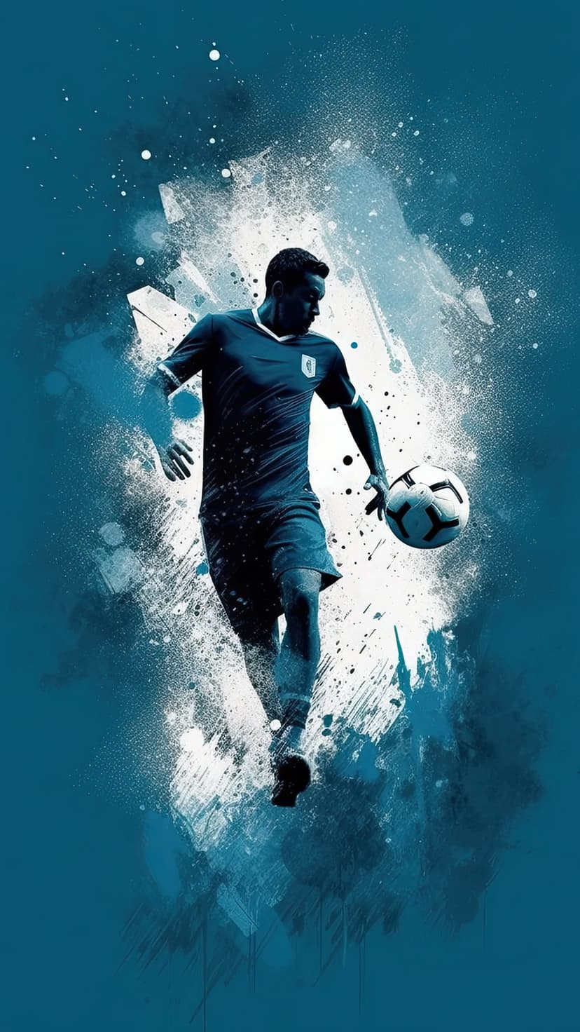 Soccer player in a dark blue kit dribbles a ball amidst explosive white and cobalt paint splatters and streaks.