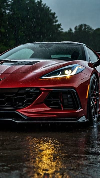 Red Corvette C8 Rain Reflection Cinematic Phone Wallpaper