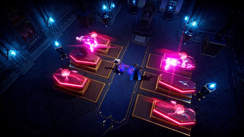 Isometric view of two figures in a dark hall where six stone coffins radiate intense neon pink magical light.