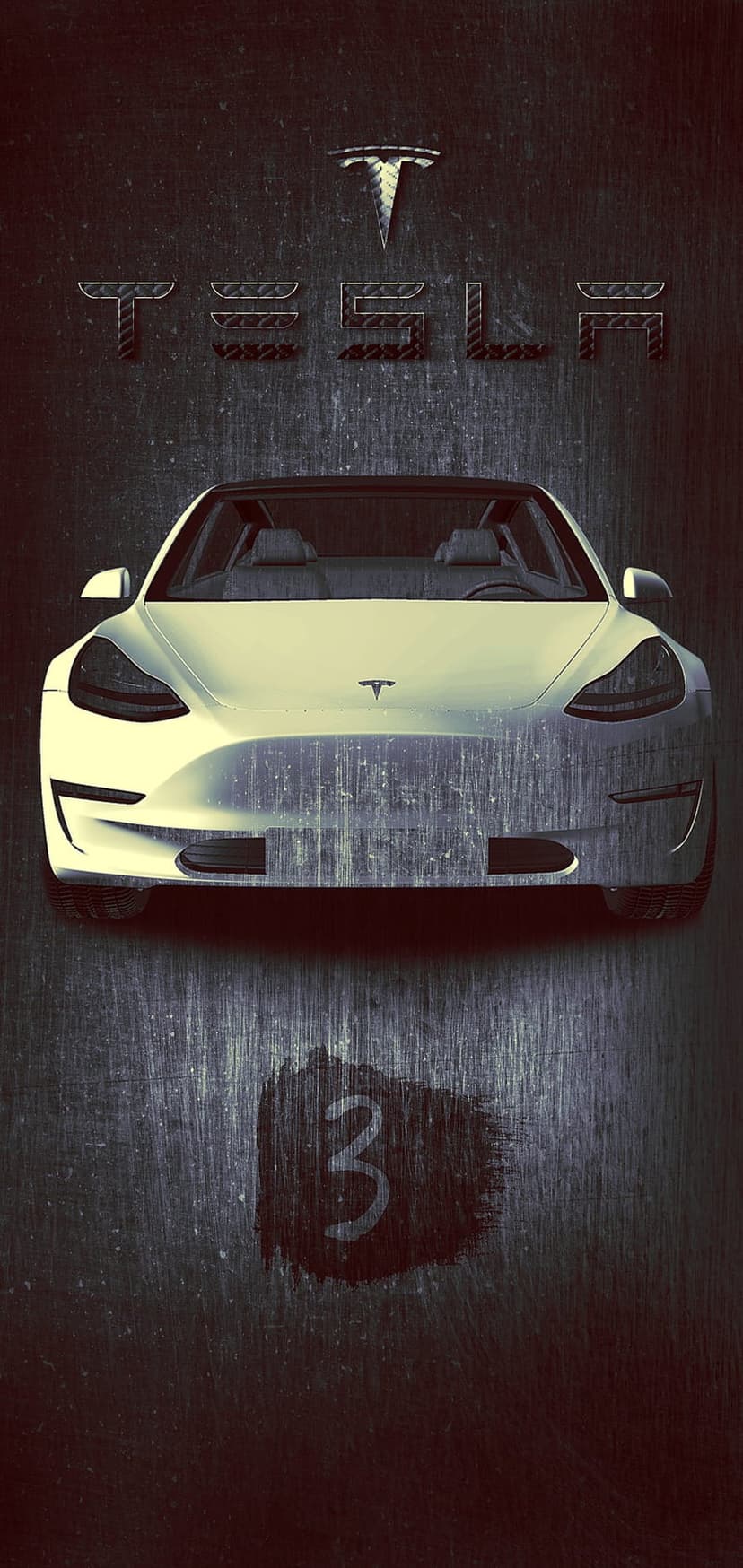 White Tesla Model 3 front view centered on a dark textured grunge background with visible emblem and logo.