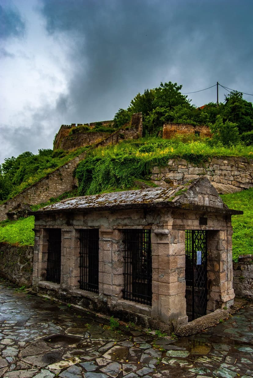 Weathered stone cellar with barred windows sits below a steep hill covered in green vines and ancient fortress walls.