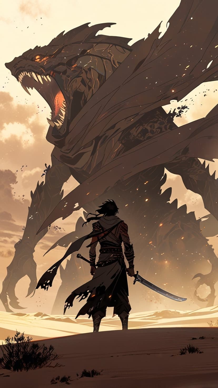 Warrior stands before a giant roaring dragon in a dark desert with glowing embers and a muted color palette.