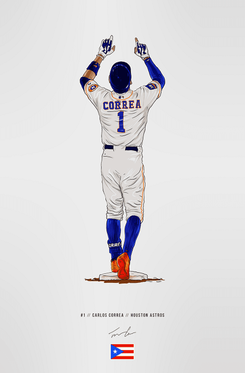 Carlos Correa stands on a base with arms raised, wearing a white Houston Astros jersey with the number one.