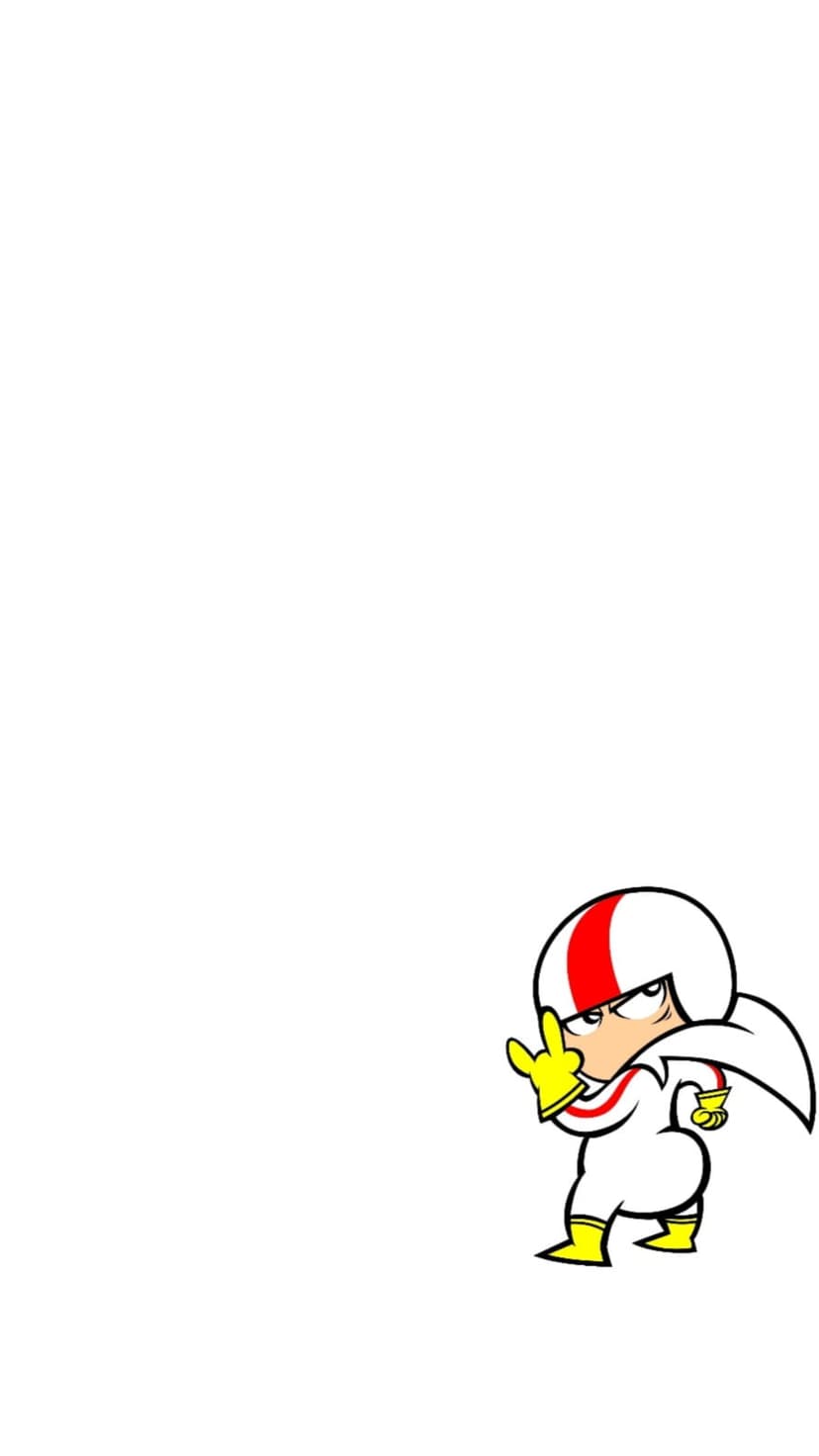 Kickin' It character in a white and red suit with yellow boots raises one finger against a white background.