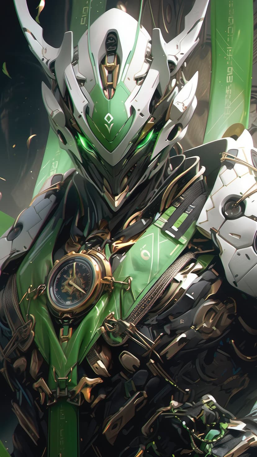 Mecha warrior wearing white and green armor with glowing optics, gold circuits, and a circular chest dial.