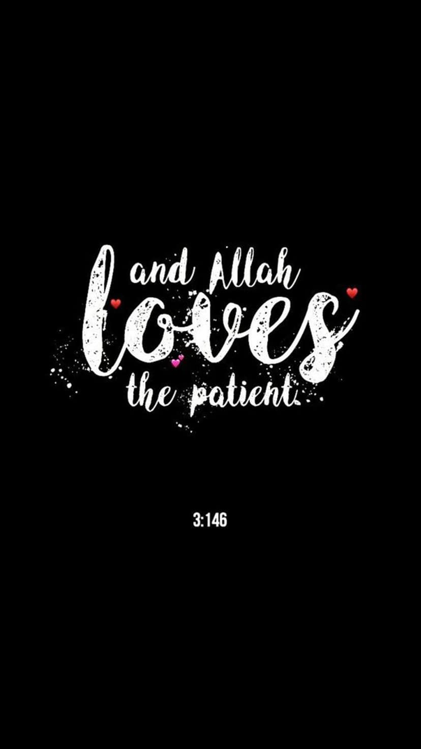 White Islamic calligraphy reading and Allah loves the patient with red hearts on a solid black background.