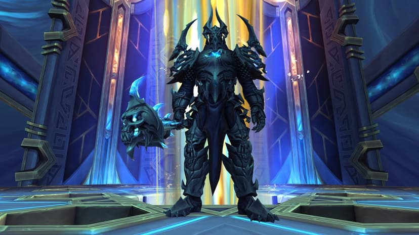 Heavy armored warrior holding a glowing skull mace stands between tall pillars of gold and blue light in a grand hall.