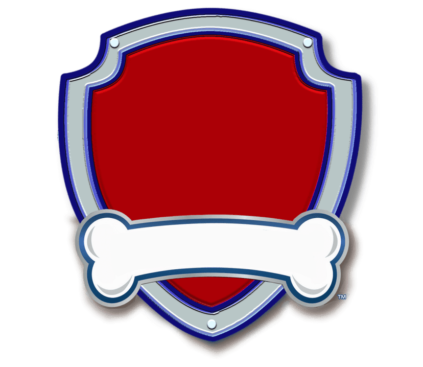 Paw Patrol logo emblem showcasing a red paw print inside a blue circle surrounded by a silver shield border.