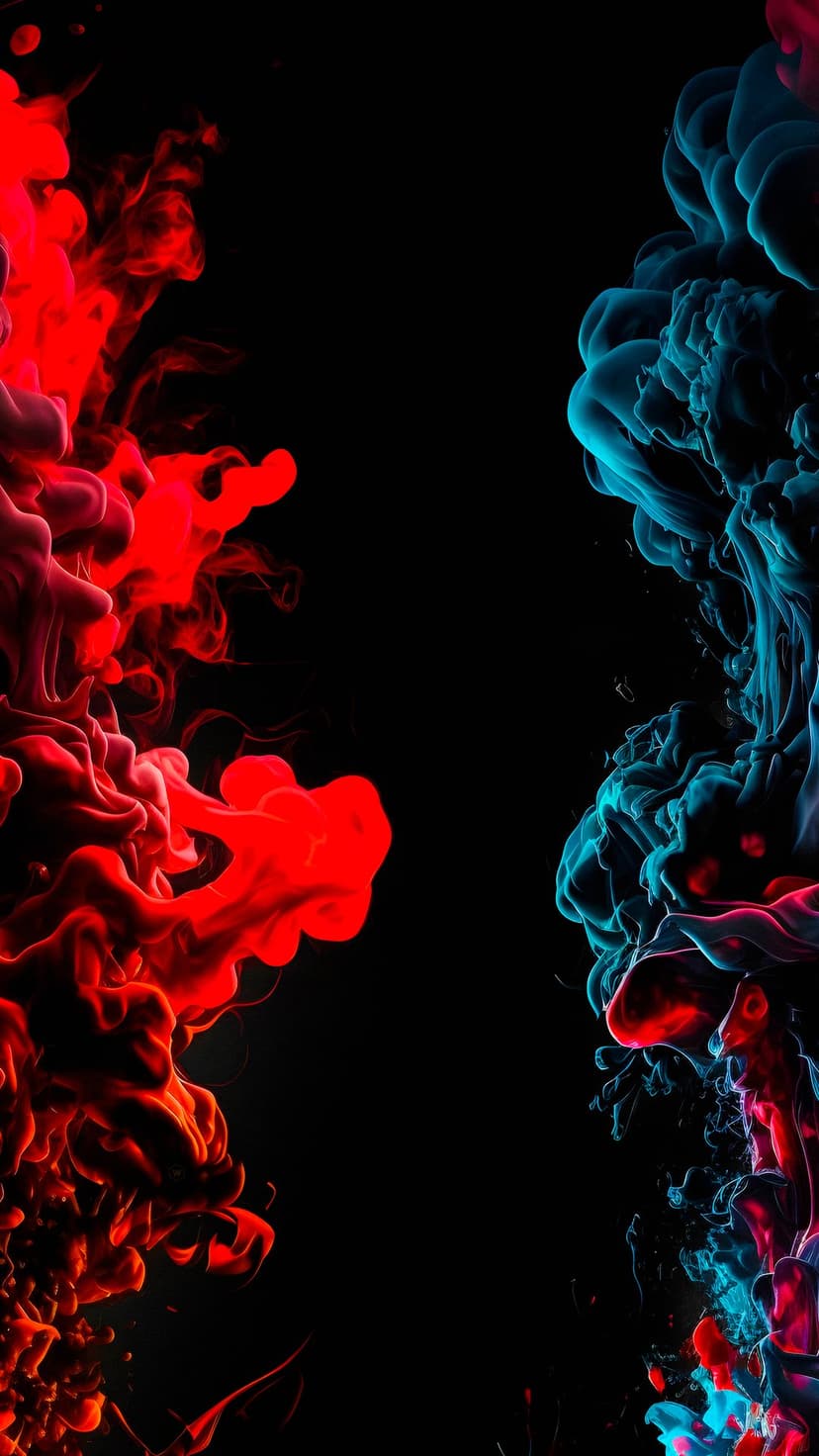 Swirling red and blue smoke plumes intertwine against a solid black background with intricate vapor textures.