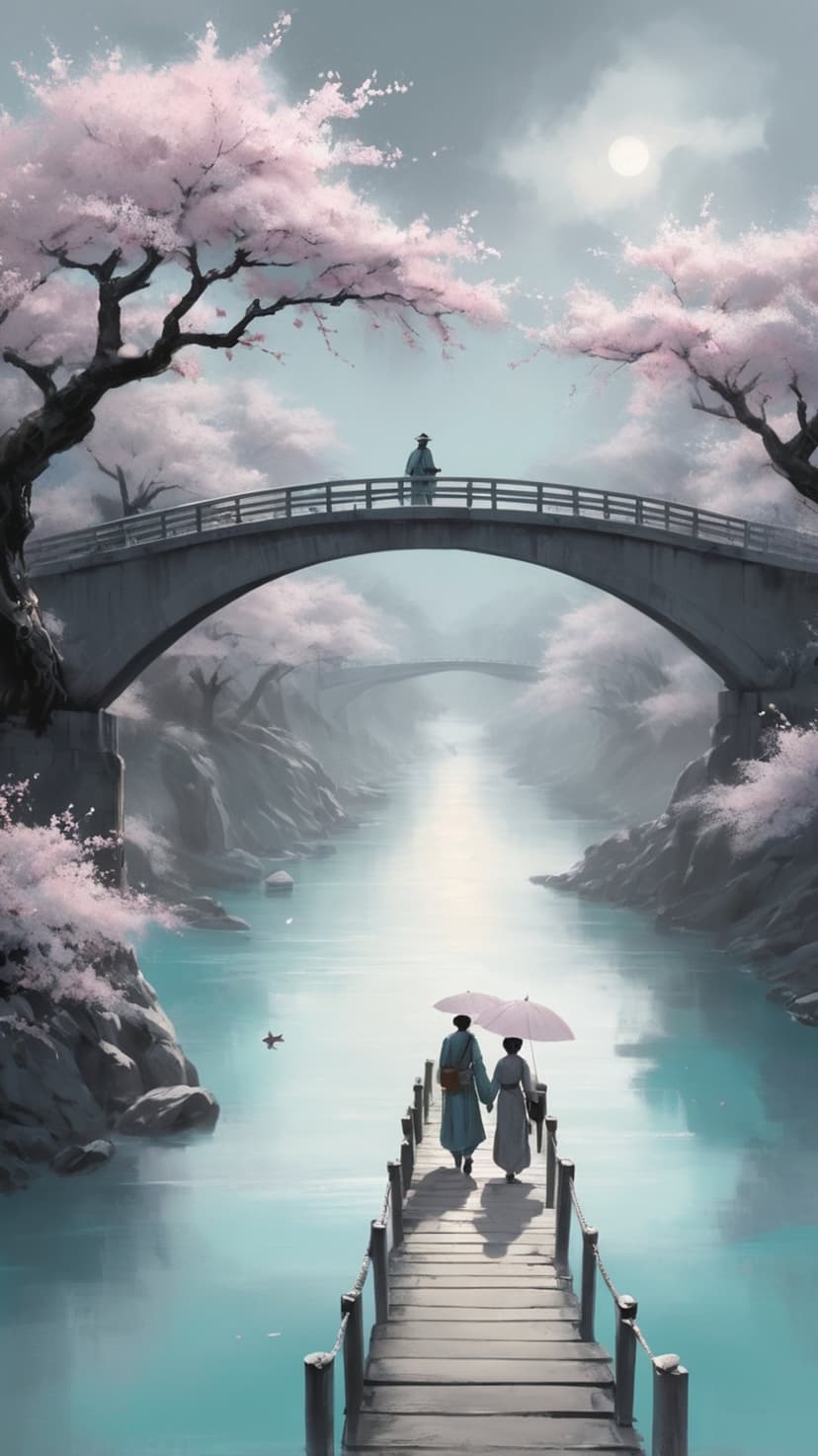 Couple under an umbrella walks on a pier beneath pink cherry blossoms near a stone bridge and turquoise river.