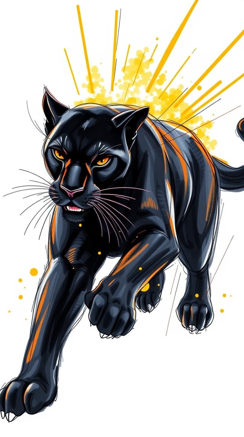 Black panther with bared teeth and yellow eyes lunging forward amidst glowing amber energy splatters.