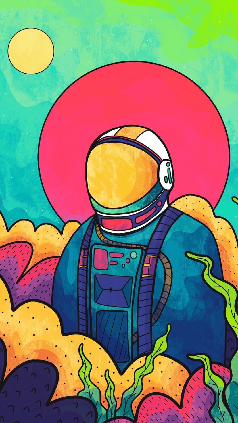 Astronaut in a blue suit with a golden visor stands before a giant pink sun and abstract purple rock formations.