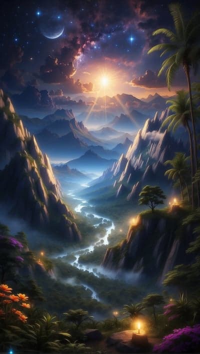 Enchanting mountain valley at dawn with river and stars