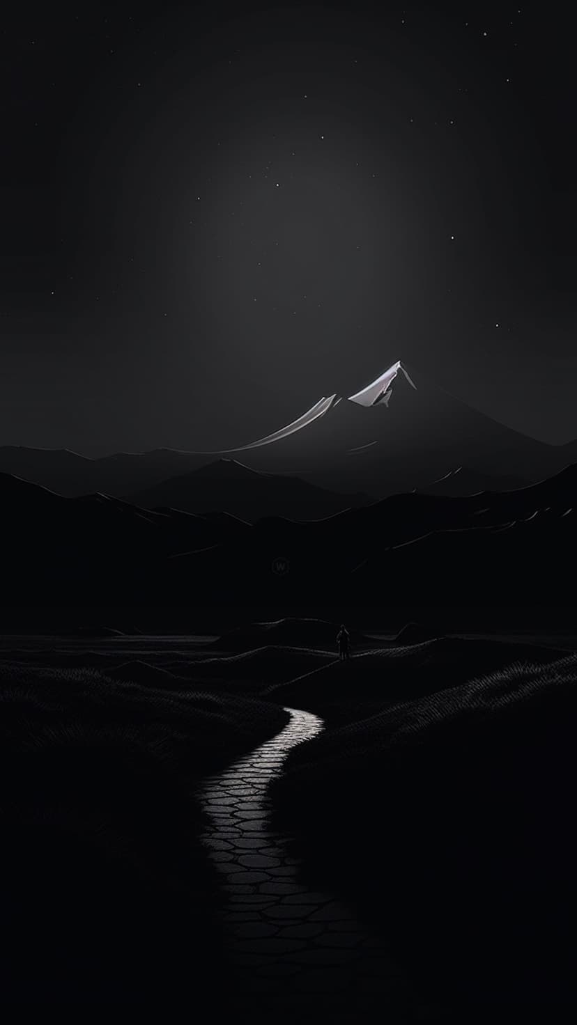 Silhouette of a lone person on a cobblestone path facing a massive snow-covered mountain under a starry sky.