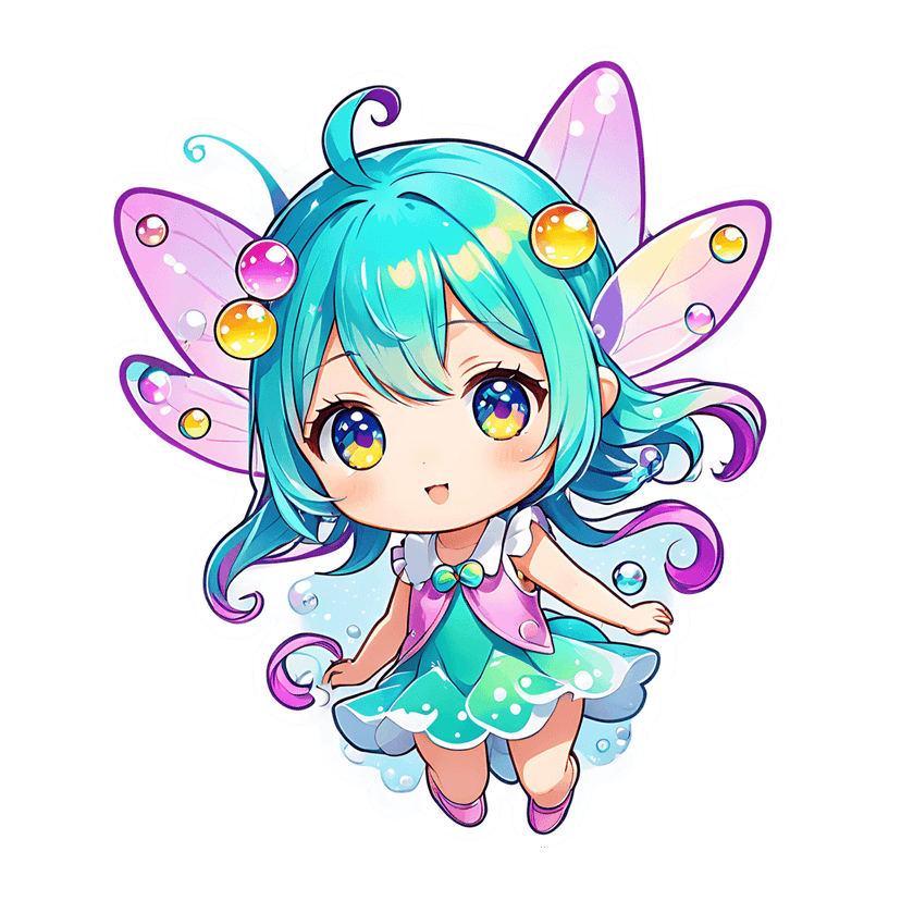 Chibi fairy sticker features blue hair, pink iridescent wings, and colorful bubbles against a white border.