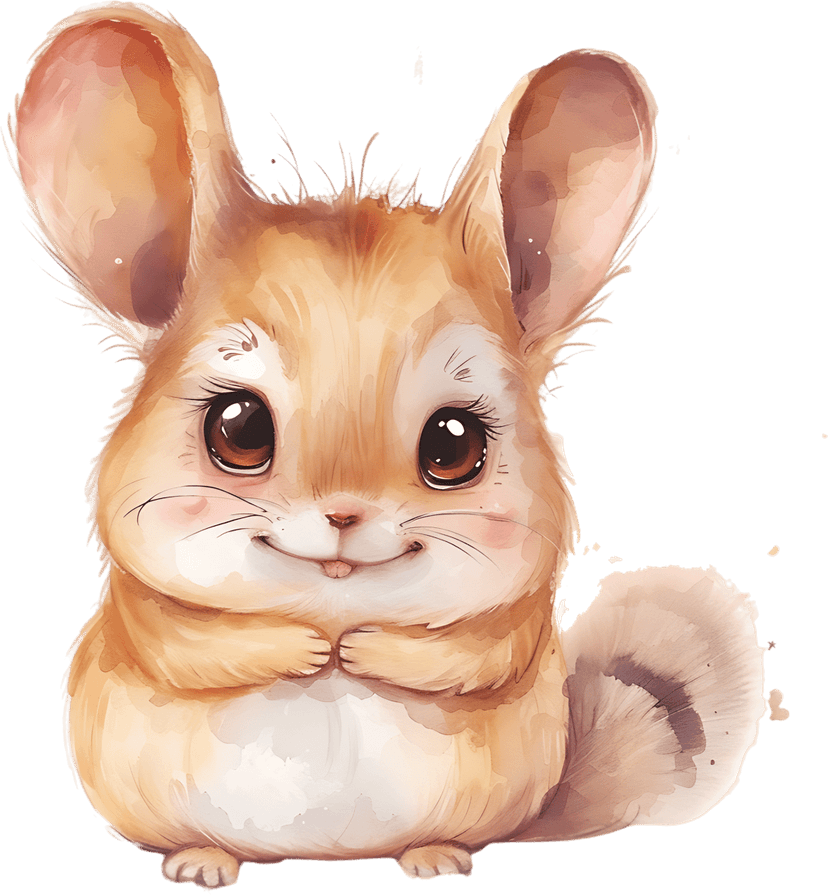 Watercolor chinchilla portrait featuring large brown eyes, pink ears, and a fluffy grey tail on a white background.