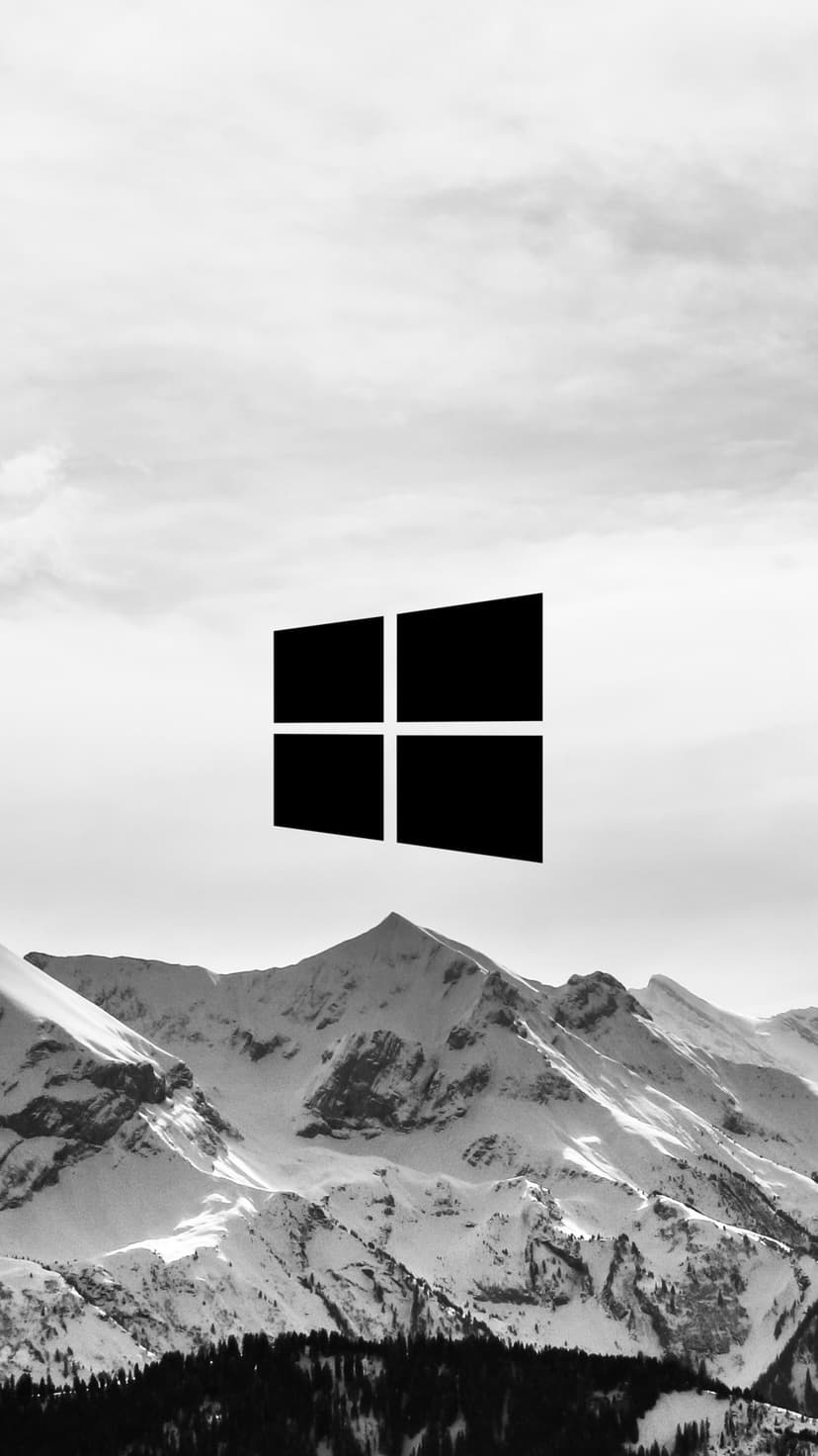 Windows logo hovers above a snow-covered mountain range and a dense pine forest under a textured cloudy sky.