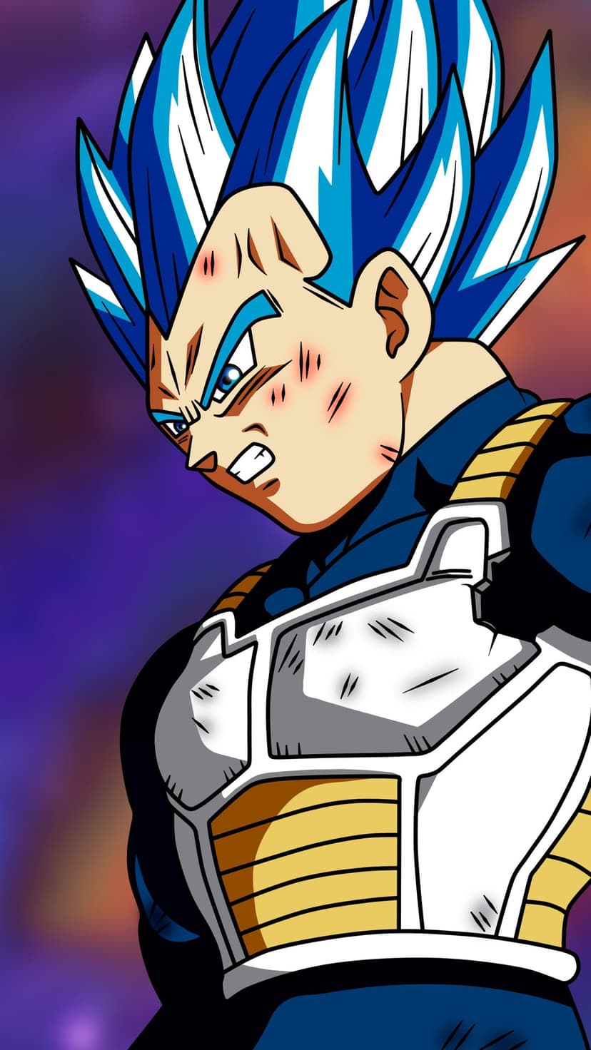 Vegeta with blue spiky hair and facial scratches wears traditional Saiyan armor with a stern, focused gaze.