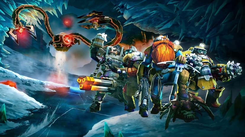 Armored dwarf miners with heavy weapons posing in a glowing blue ice cave with robotic arms hovering nearby.