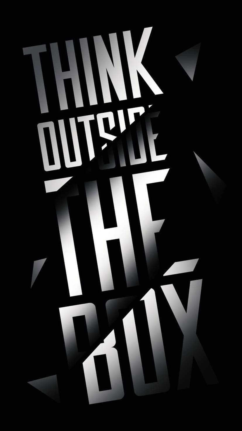 Metallic text reading Think Outside the Box set against a dark background with sharp geometric shapes.