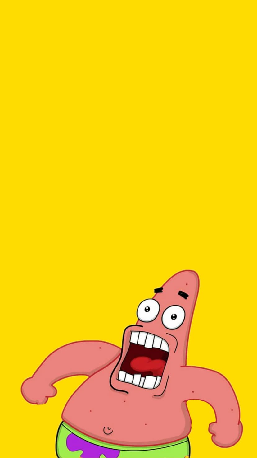 Patrick Star screams with a wide mouth and shocked eyes while wearing green shorts against a yellow background.