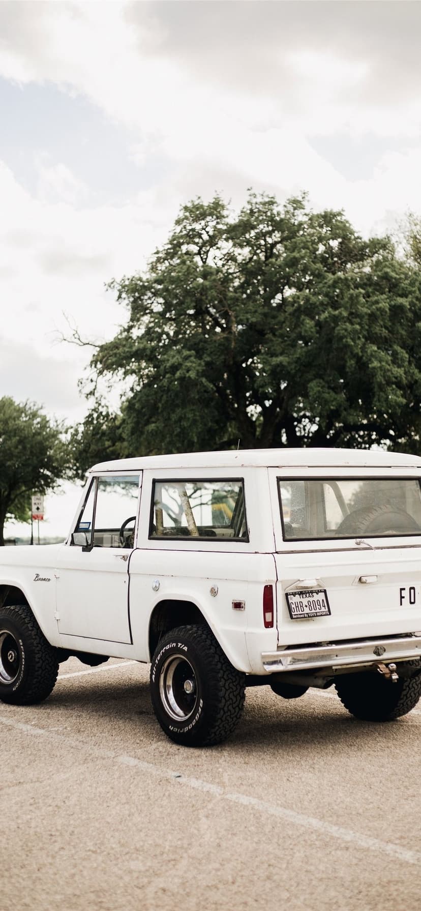 White vintage Ford Bronco seen from the rear, parked on pavement near a leafy green tree under cloudy skies.