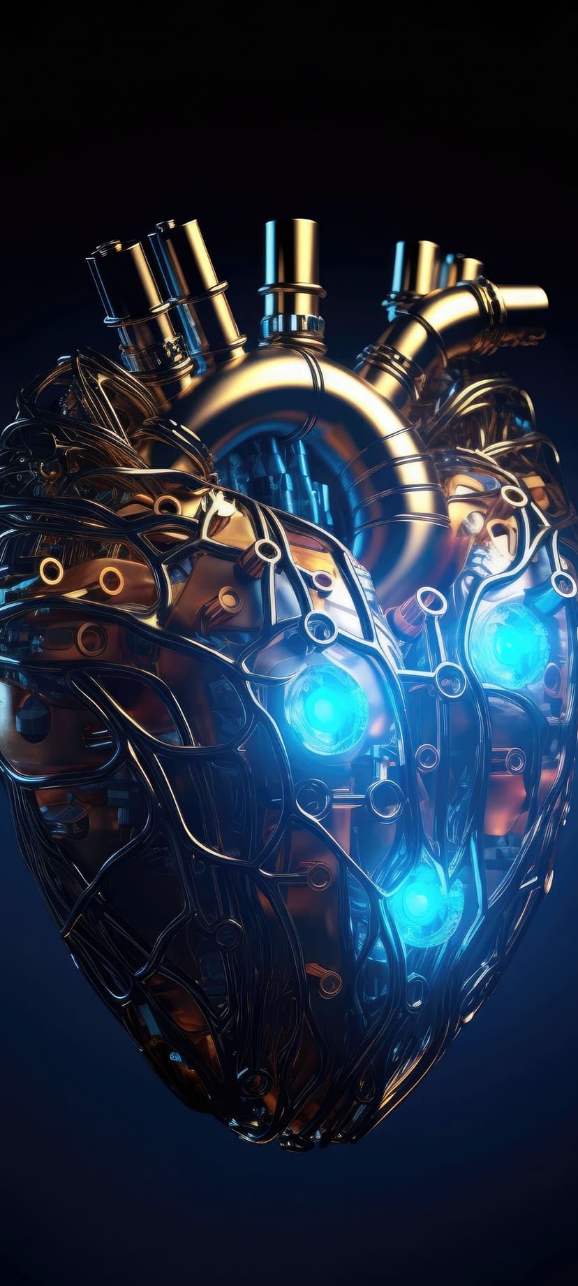 Mechanical steampunk heart features intricate gold gears and glowing blue tubes on a dark gradient background.
