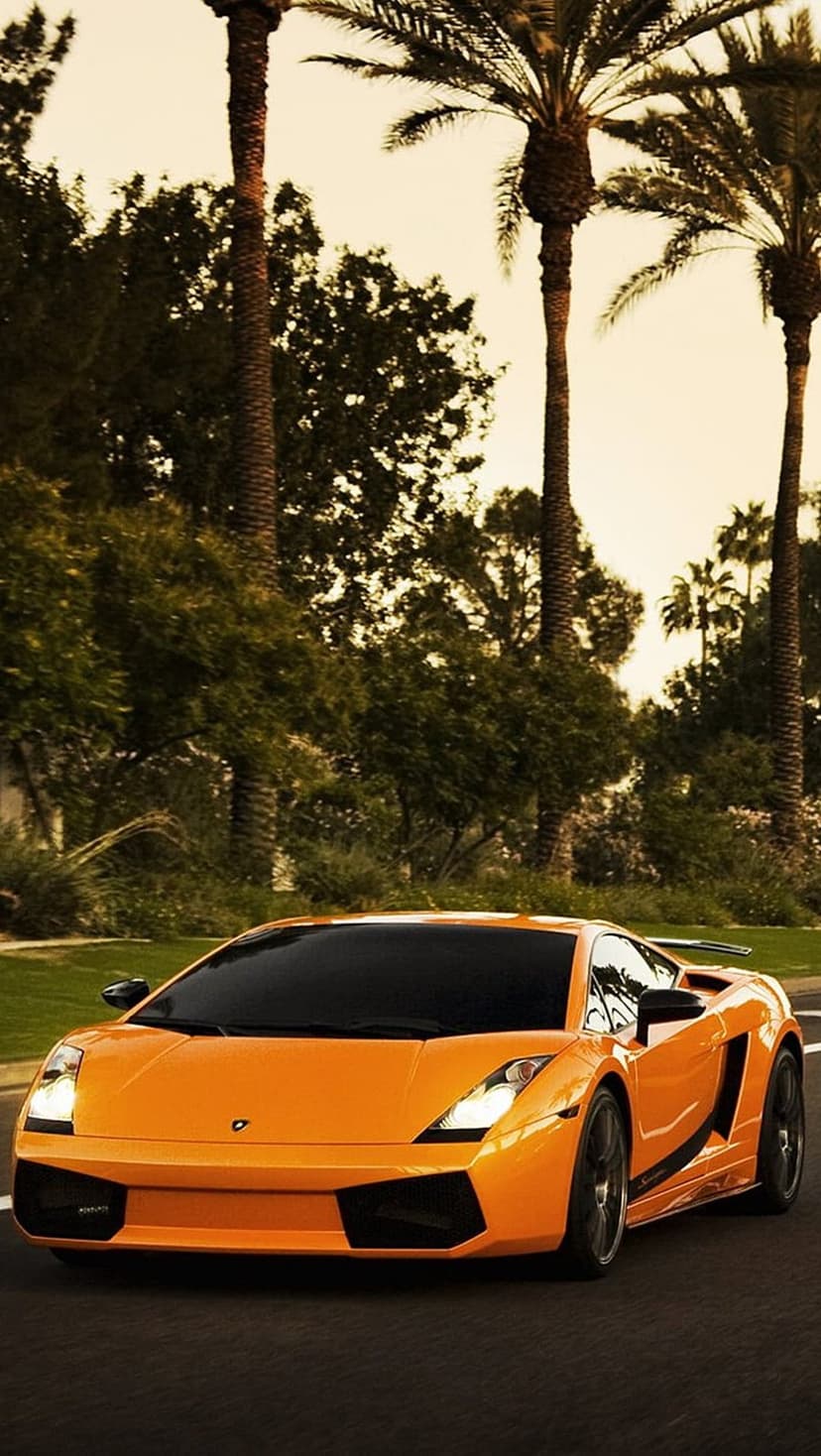 Orange Lamborghini Gallardo speeds down a tropical road lined with palm trees beneath a warm golden sunset sky.