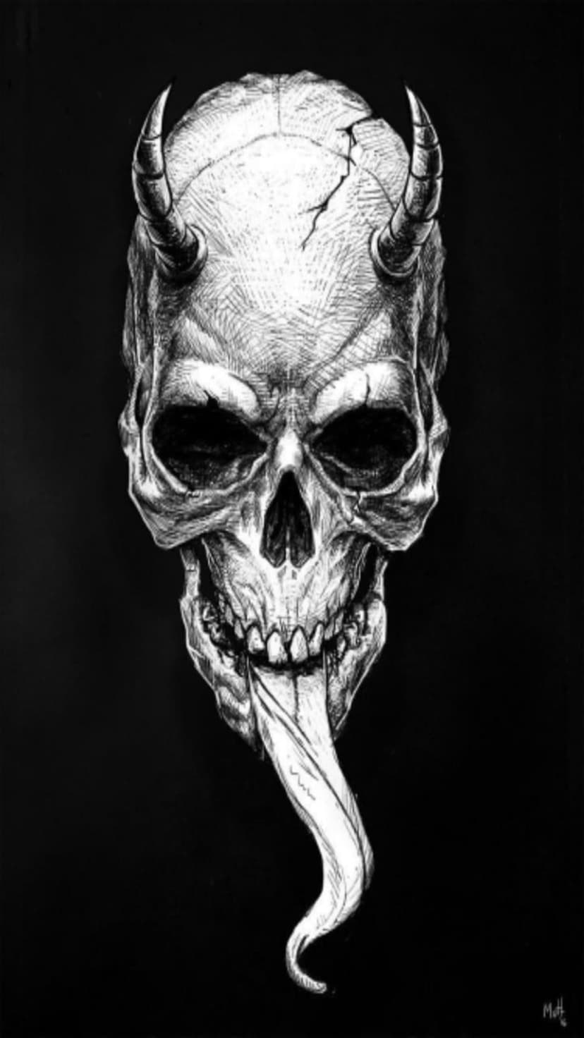 Horned skull with a long forked tongue, sharp teeth, and cracked bone textures in a high-contrast style.