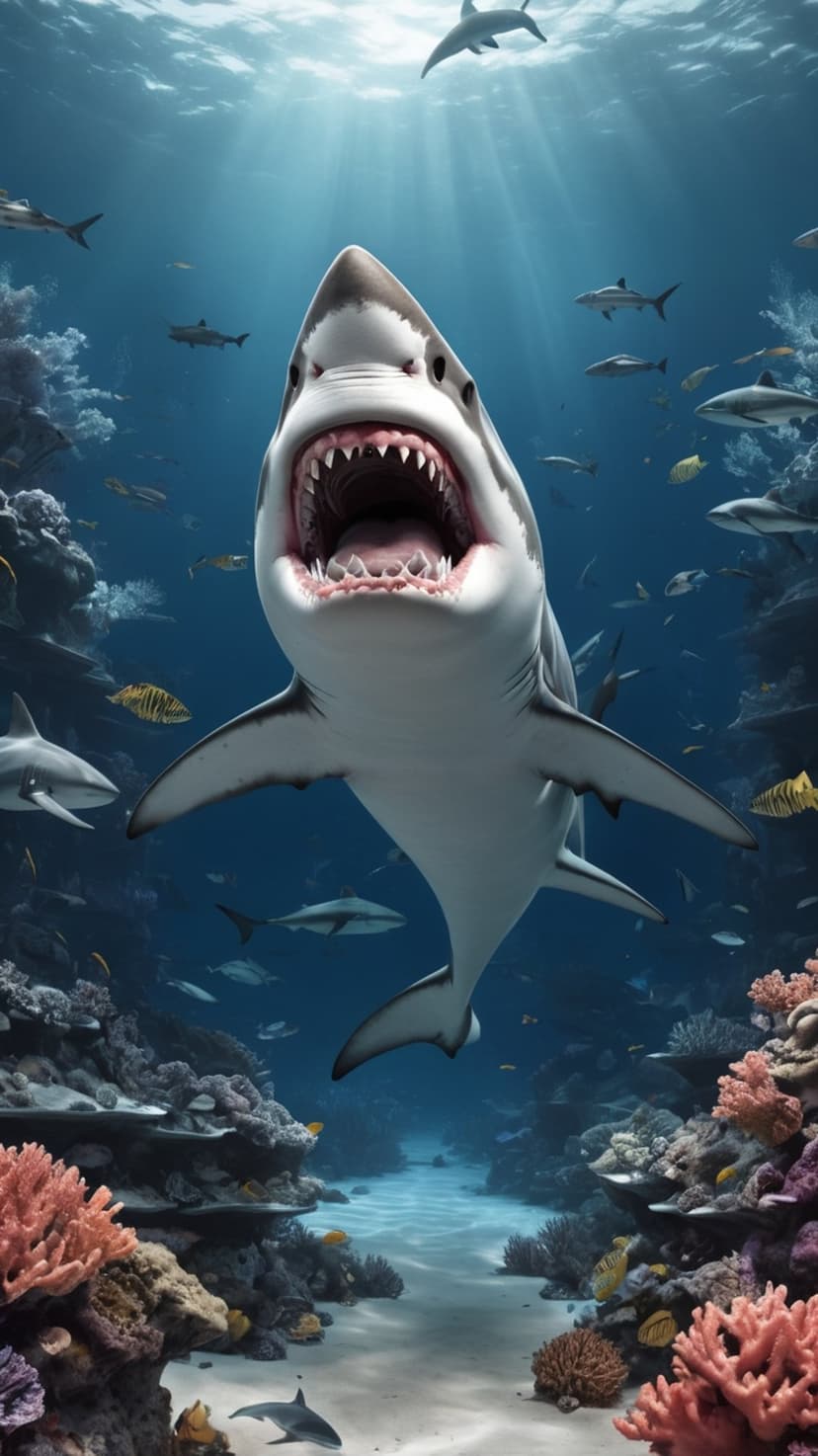 Great White Shark with open jaws swims past a colorful coral reef as sunlight filters through blue ocean water.