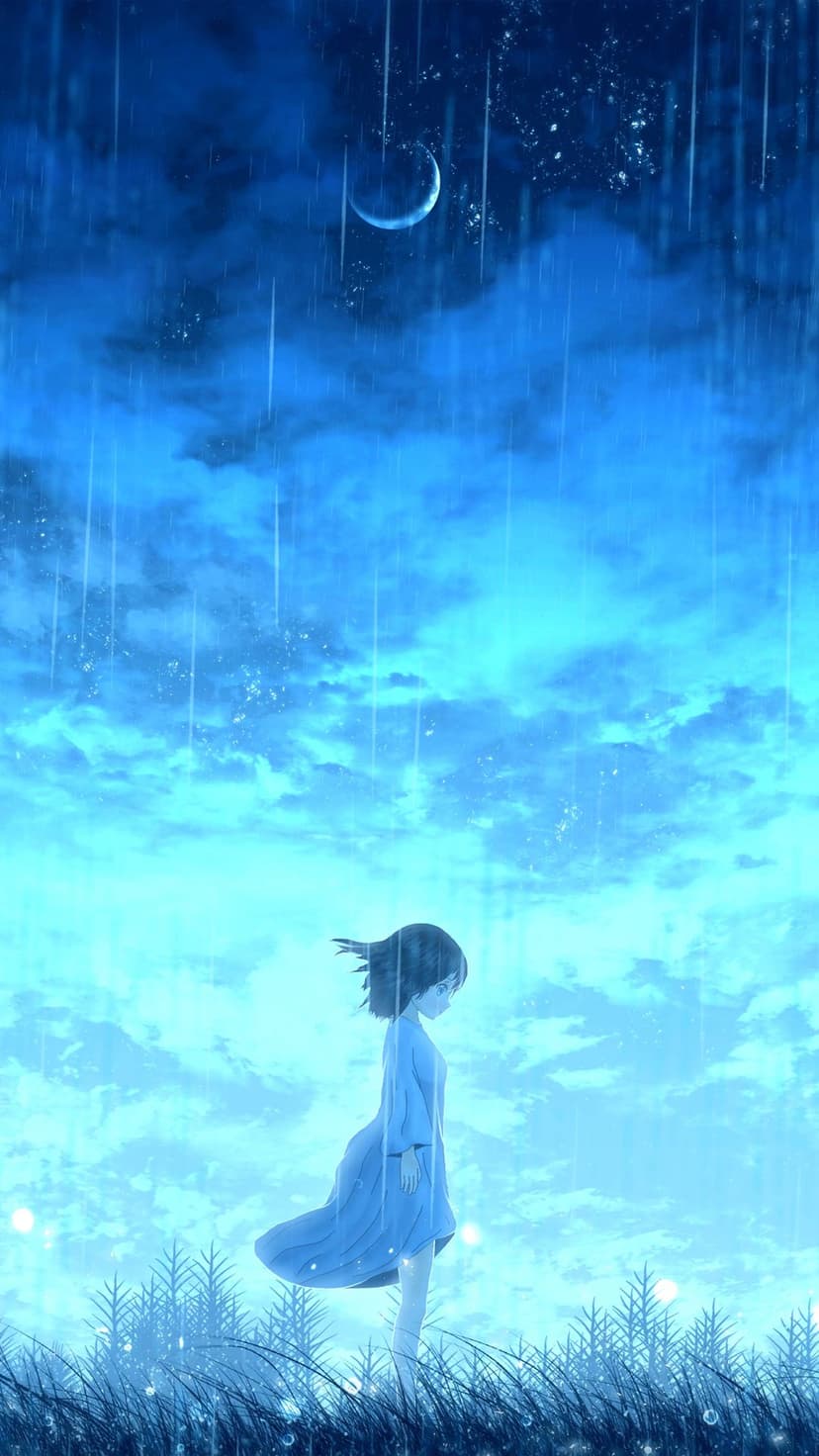 Lone figure wearing a cloak stands amidst glowing blue rain droplets under a crescent moon in a hazy night.
