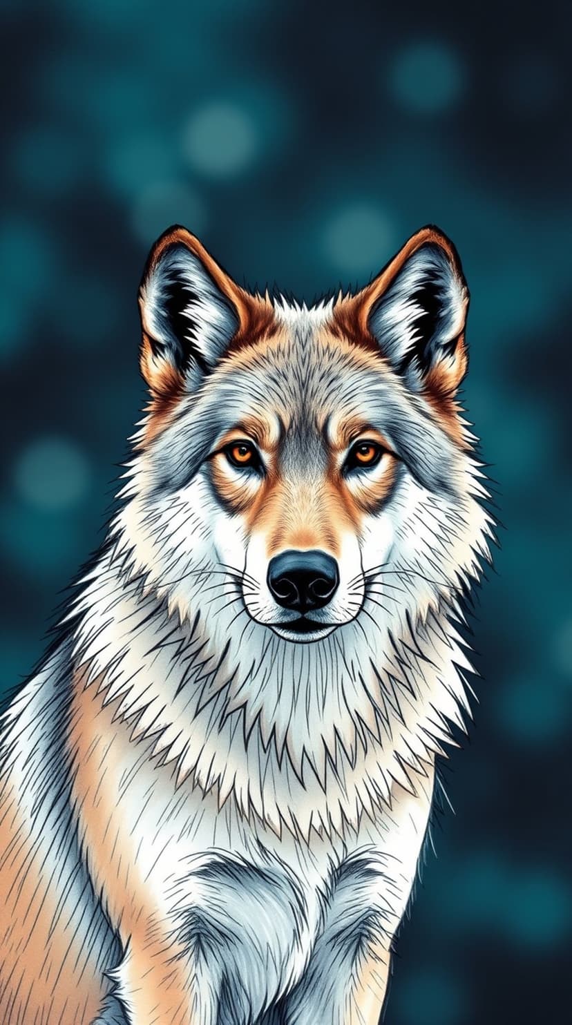 Wolf face with glowing amber eyes and thick grey fur set against a dark teal background with soft bokeh lights.