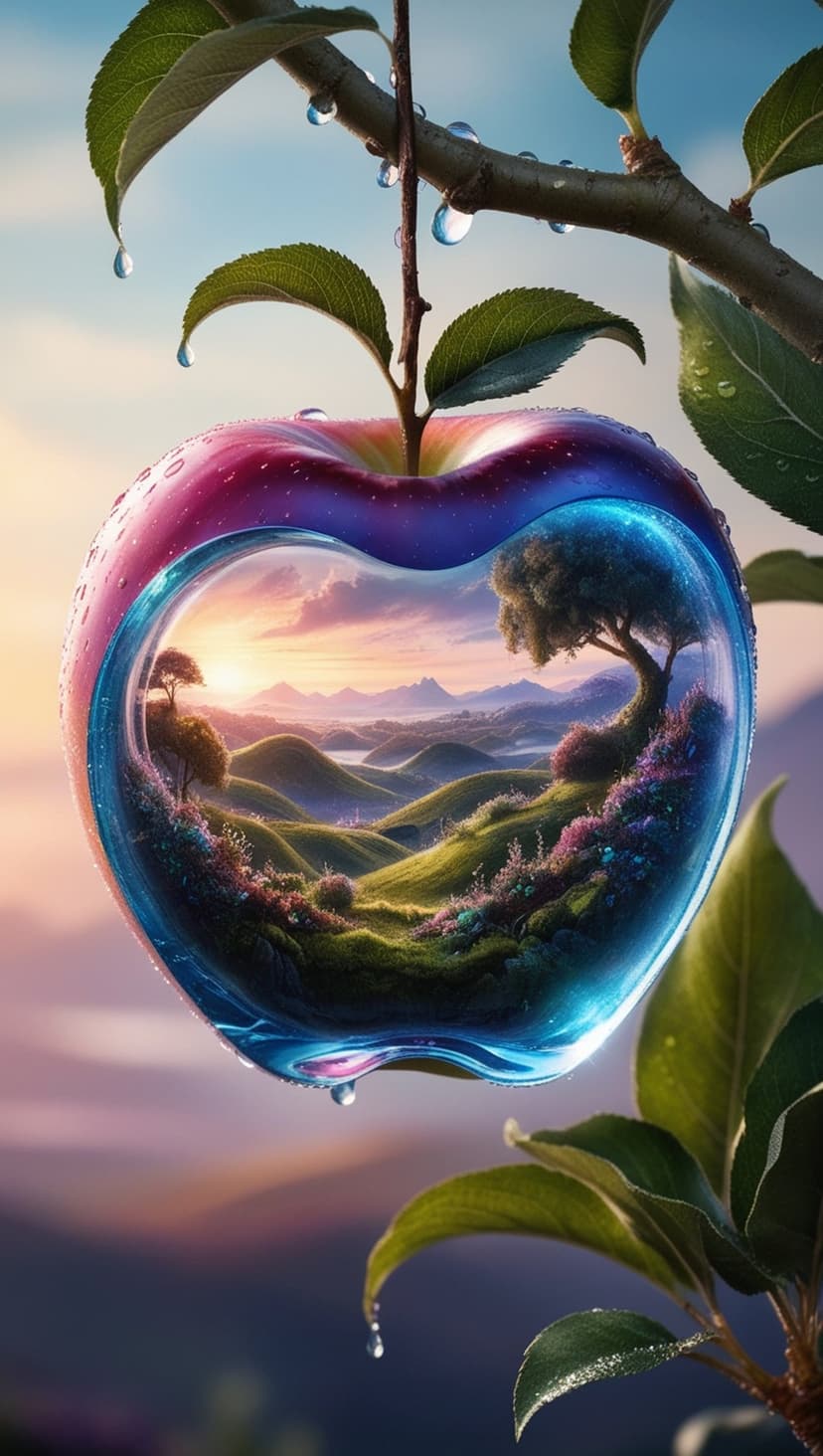 Translucent apple hanging from a branch contains a miniature sunset landscape with hills and water droplets.