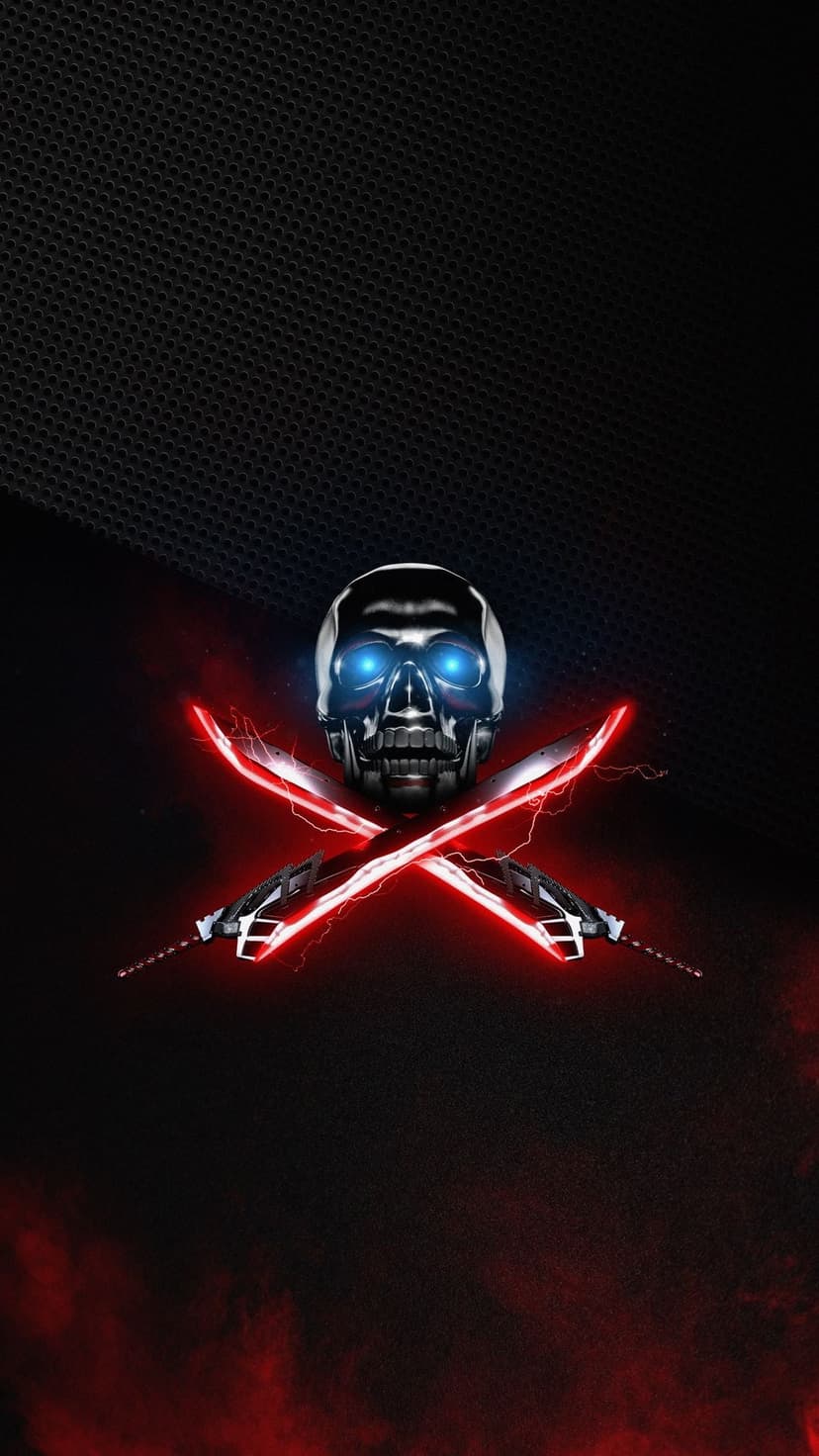 Metallic skull with glowing blue eyes and crossed neon red swords emitting electric sparks on a dark background.