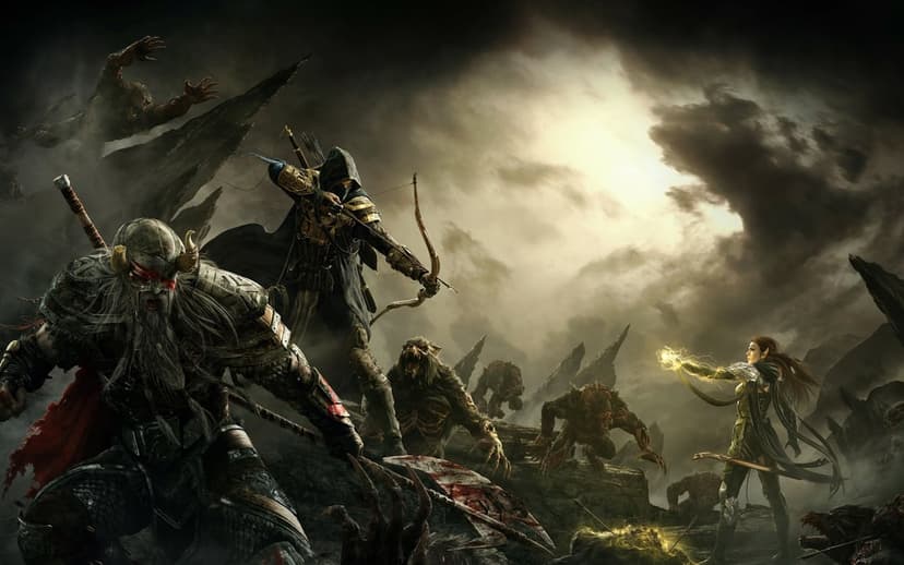 Three fantasy heroes fight monstrous wolves on a jagged rocky cliffside under a dark, glowing cloudy sky.