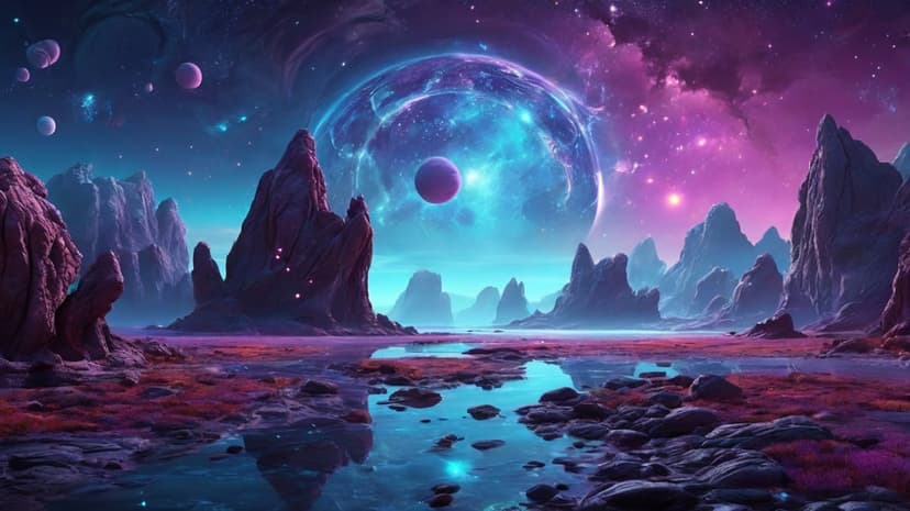 Purple jagged peaks rise near reflective water beneath a massive blue nebula and several distant planets.