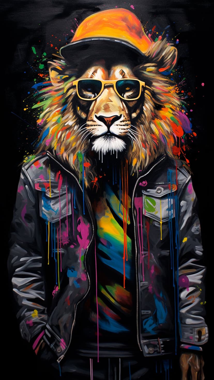 Lion wearing black sunglasses and an orange hat with colorful paint drips on a black leather jacket.
