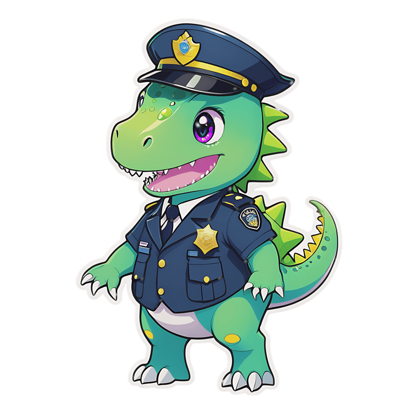 Green dinosaur police officer wearing a blue uniform and gold badge with a glossy finish and white outline.