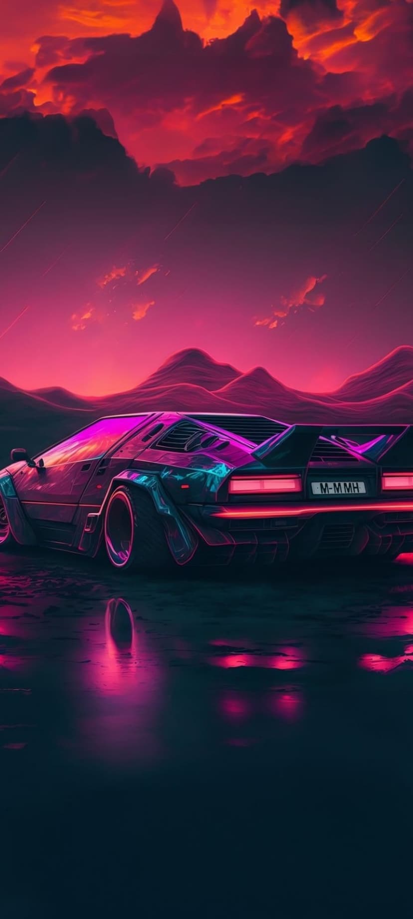 Retro-futuristic car with glowing neon edges parked on a reflective road under a fiery purple and orange sunset sky.