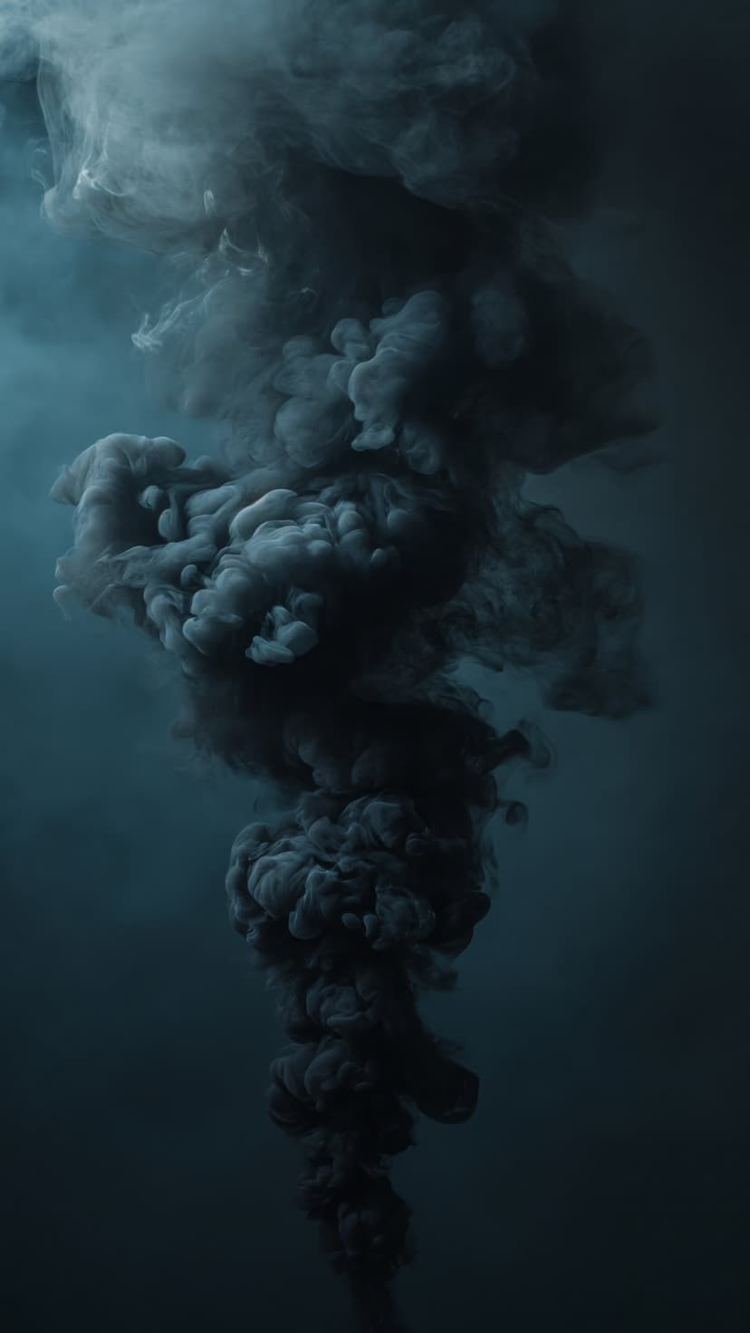 Dark gray smoke curls rise vertically against a solid teal background with soft highlights and shadows.